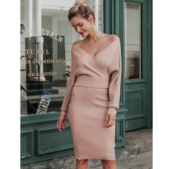 2 Piece Dress Rib Knit Midi V-Neck in Mocha Brown - Picture 4 of 10